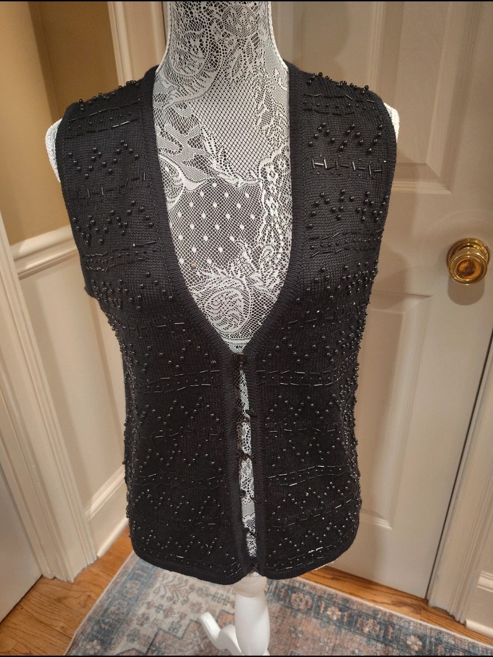 Black Beaded V-Neck Sleeveless Sweater Vest
